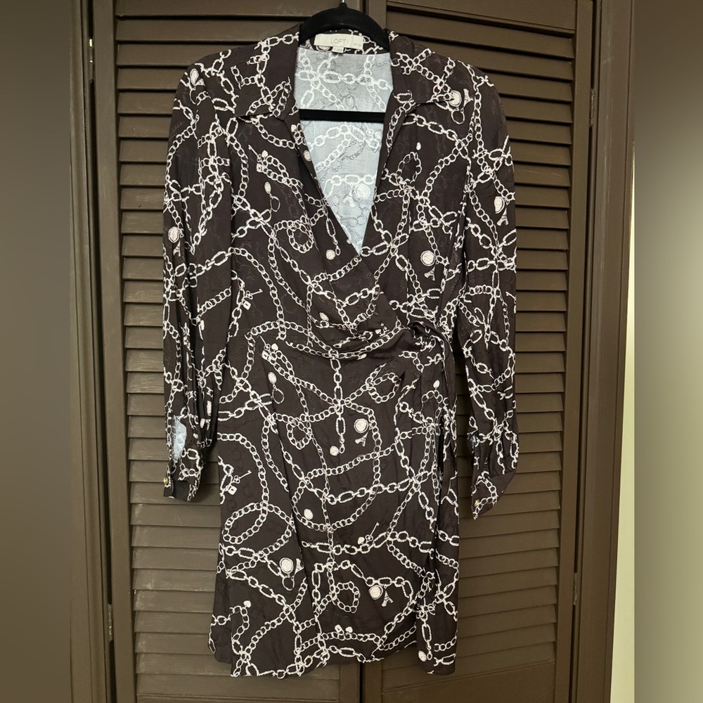 LOFT Chain Print Wrap Dress - Brown & White - Size 6P New - Picture 3 of 11